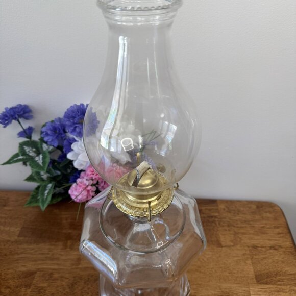 Clear Glass Oil Lantern Mexico – Hexagonal Pedestal Hurricane Chimney Brass Wick - Picture 5 of 6